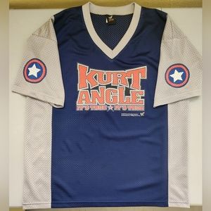 WWF Attitude Kurt Angle Football Style Jersey XL Grey/Blue WWE Wrestling Shirt